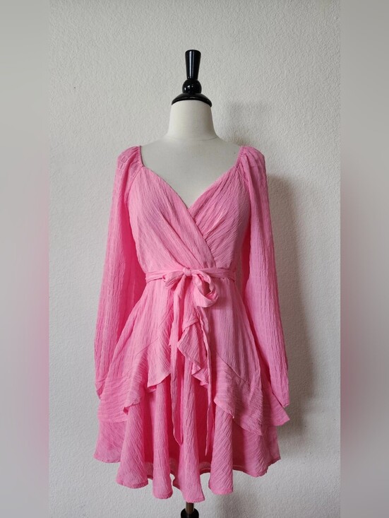Dresses & Skirts - Pink Long-Sleeve Wrap Mini Dress with Tie Waist